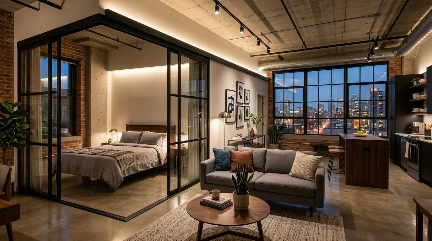 Try sliding partitions for flexible privacy inspiration for a studio apartment.